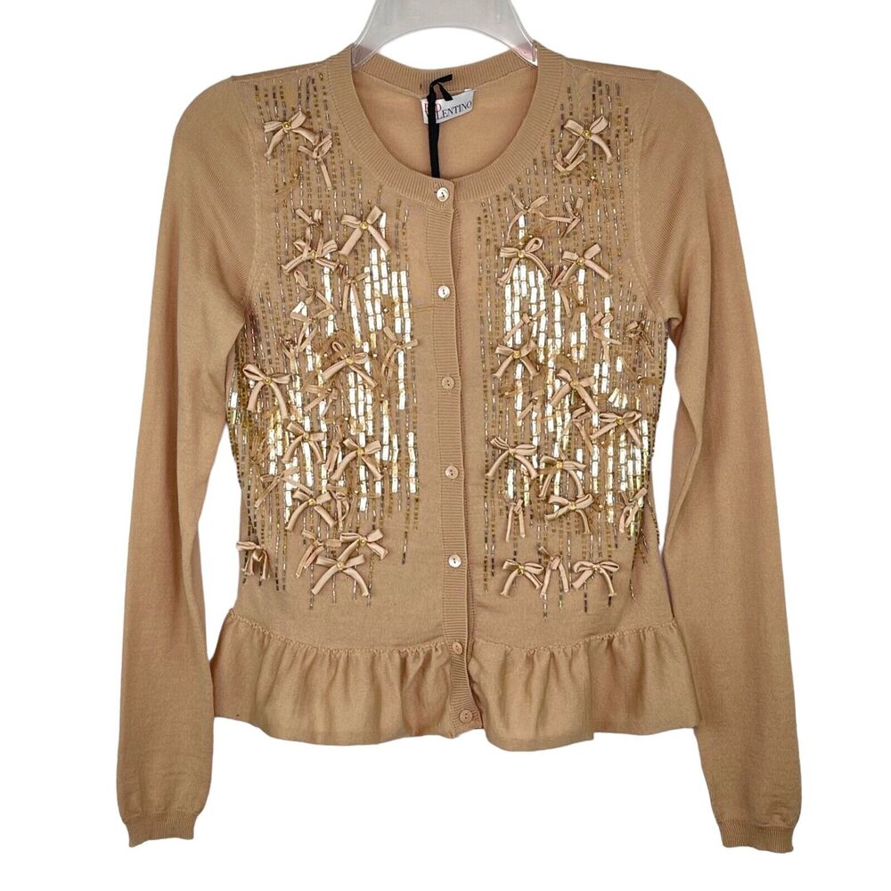 Red Valentino Tan Cardigan Sequin Beads Bows Embellished Women's M - FLAWS